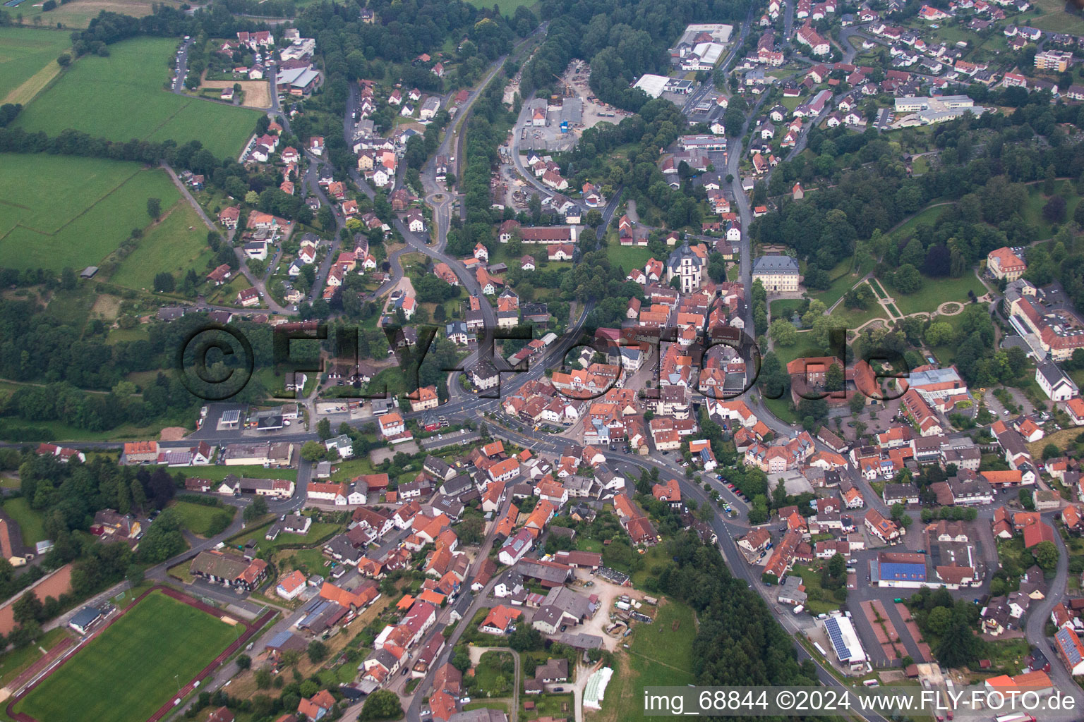 Town View of the streets and houses of the residential areas in Gersfeld (Rhoen) in the state Hesse, Germany