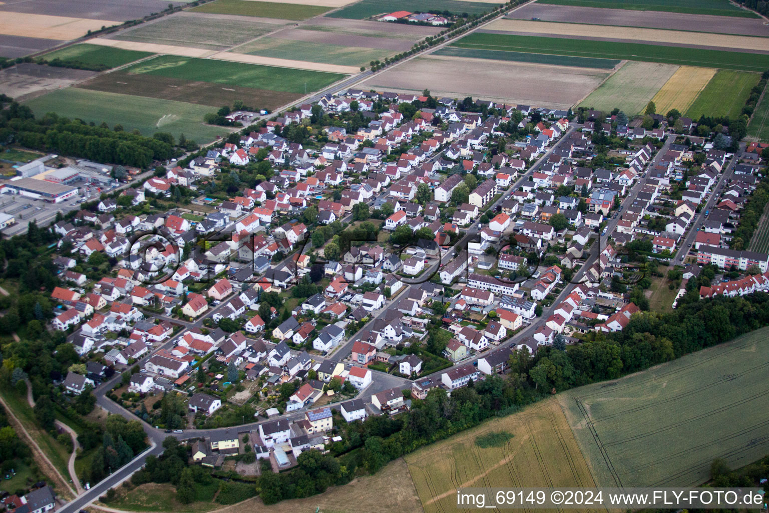 Town View of the streets and houses of the residential areas in Bobenheim-Roxheim in the state Rhineland-Palatinate from above