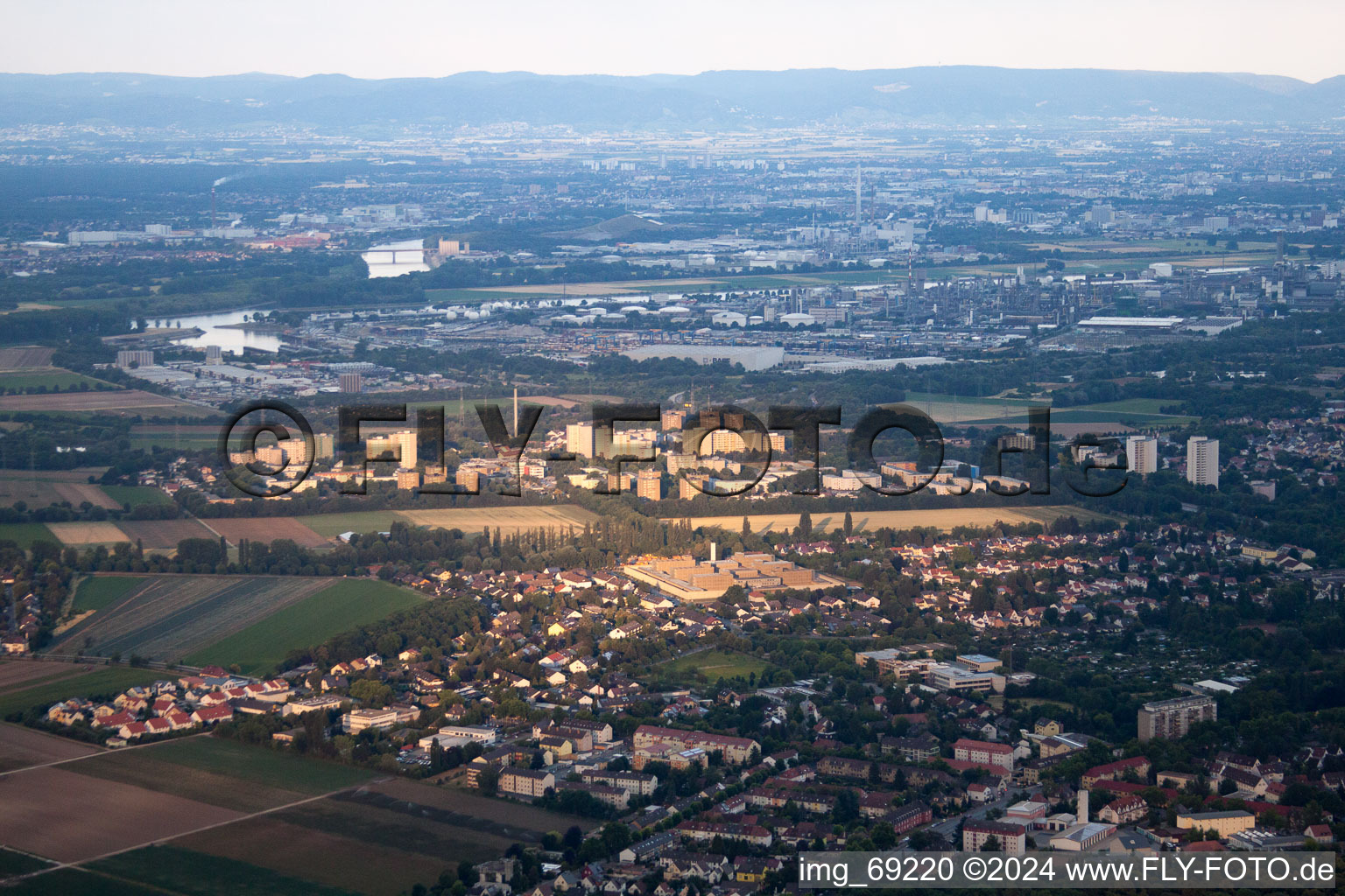 District Pfingstweide in Ludwigshafen am Rhein in the state Rhineland-Palatinate, Germany from the plane