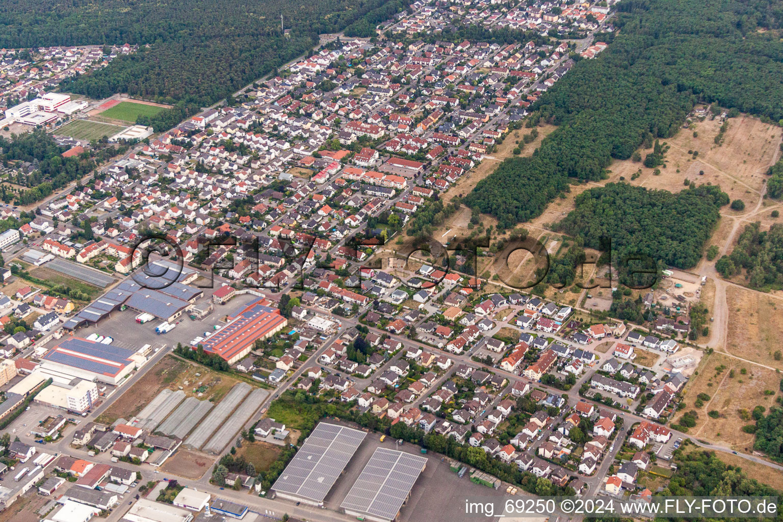 Aerial view of City area with outside districts and inner city area in Maxdorf in the state Rhineland-Palatinate, Germany