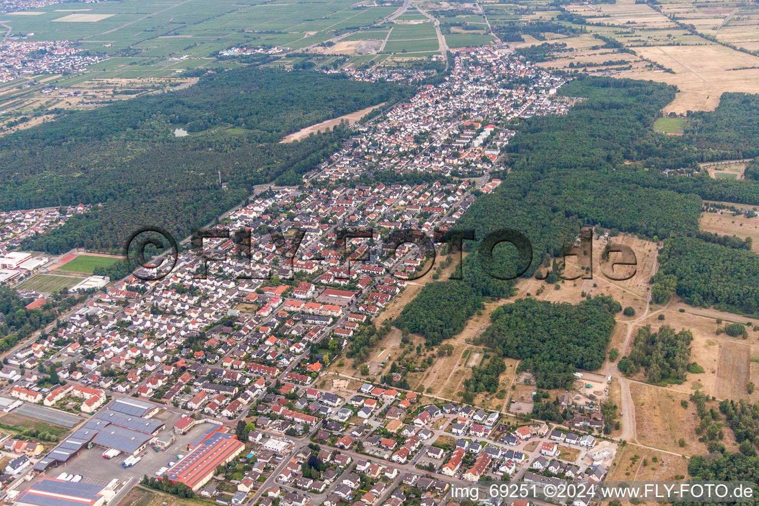 Aerial photograpy of City area with outside districts and inner city area in Maxdorf in the state Rhineland-Palatinate, Germany