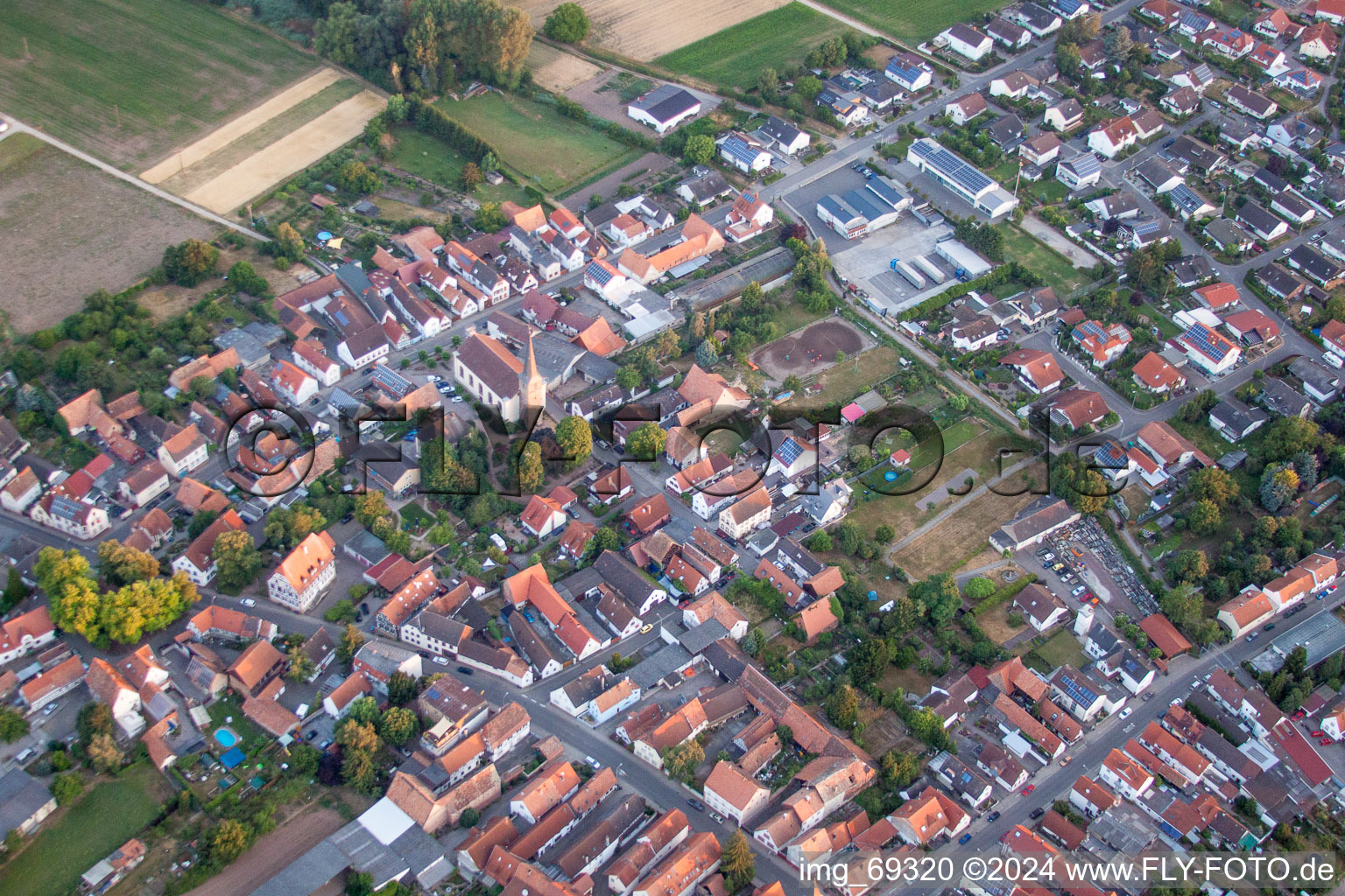 Aerial photograpy of Church building in the village of in Knittelsheim in the state Rhineland-Palatinate, Germany