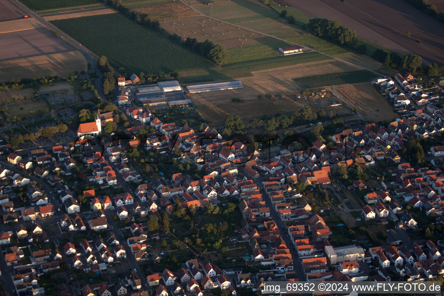 Aerial photograpy of Town View of the streets and houses of the residential areas in Boehl-Iggelheim in the state Rhineland-Palatinate