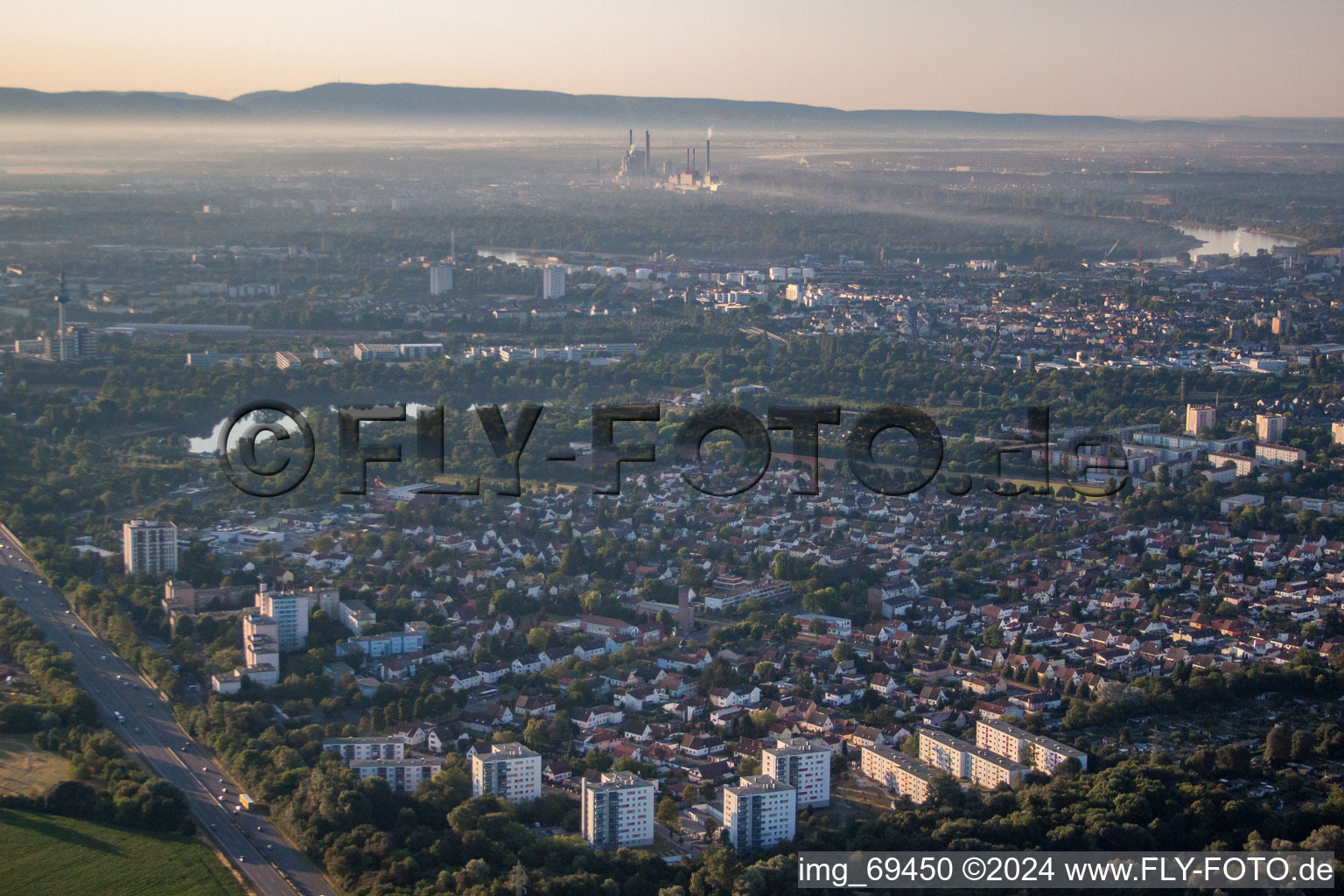 District Gartenstadt in Ludwigshafen am Rhein in the state Rhineland-Palatinate, Germany from the drone perspective