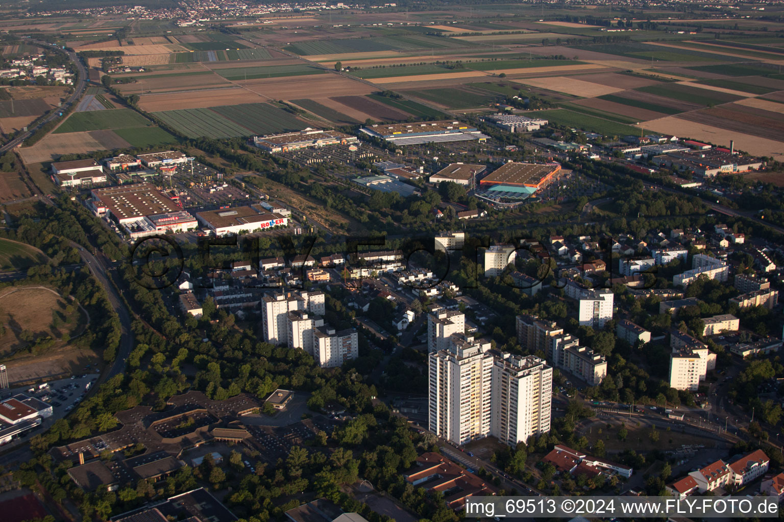 District Oggersheim in Ludwigshafen am Rhein in the state Rhineland-Palatinate, Germany from the plane