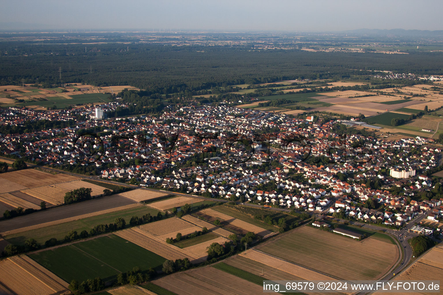 Town View of the streets and houses of the residential areas in Boehl-Iggelheim in the state Rhineland-Palatinate from above