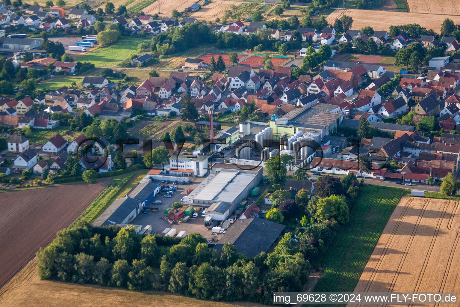 Aerial view of Building and production halls on the premises in Lustadt in the state Rhineland-Palatinate, Germany