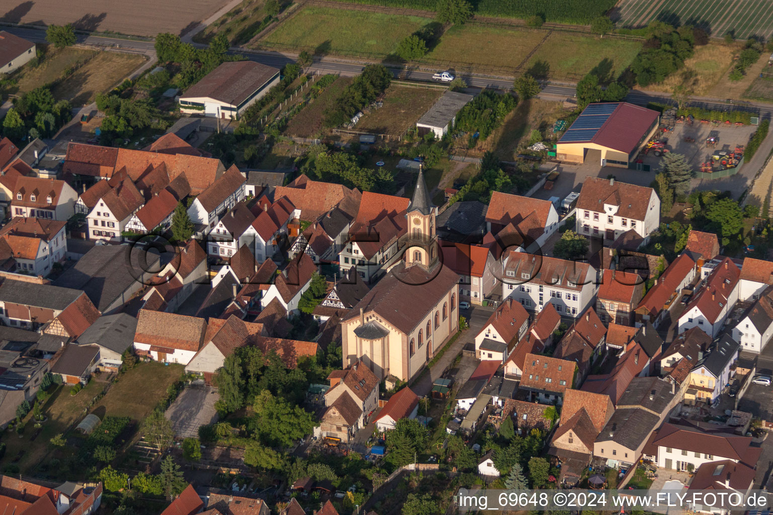 Aerial photograpy of Church building Protestantische Kirche Zeiskam in Zeiskam in the state Rhineland-Palatinate, Germany