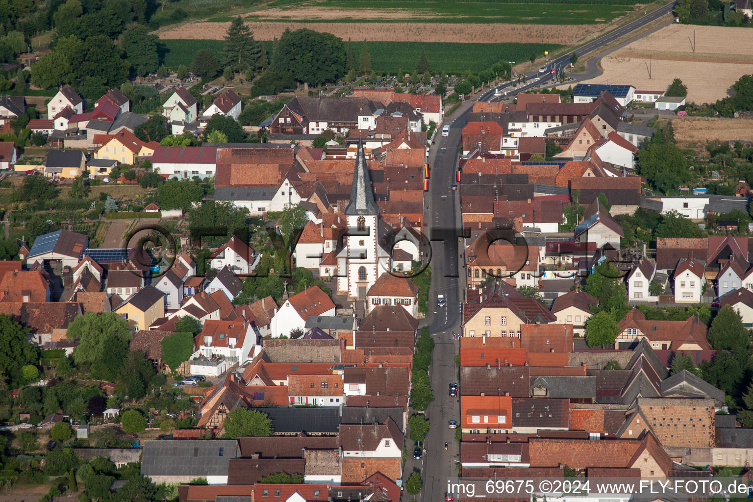 Aerial photograpy of Church building in the village of in Ottersheim bei Landau in the state Rhineland-Palatinate, Germany