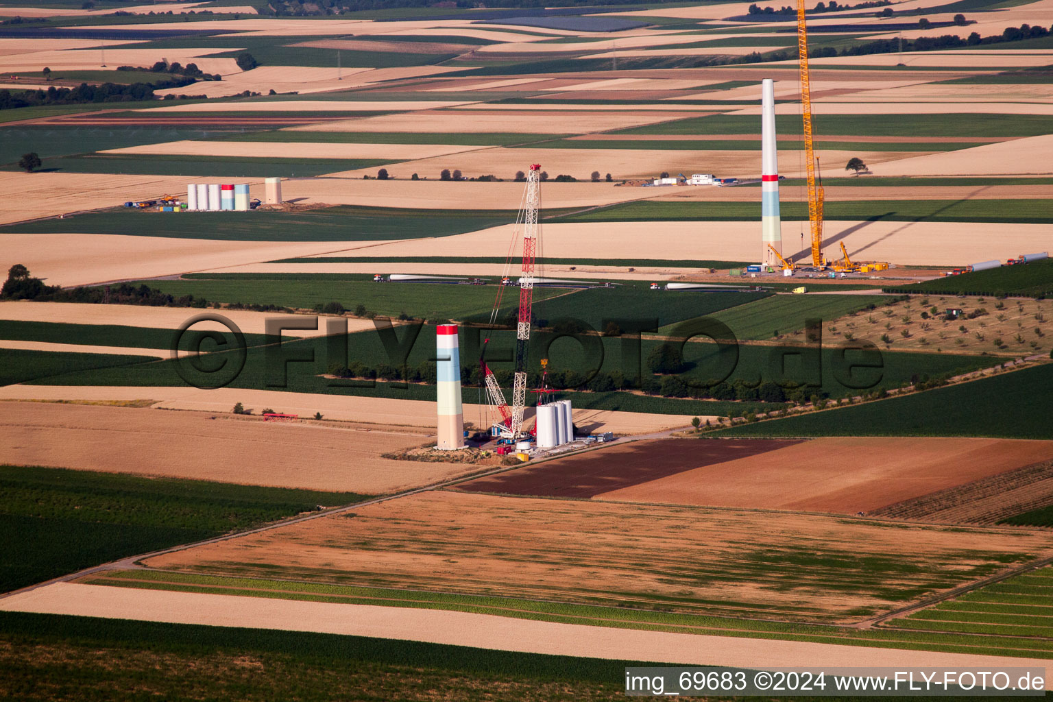 Aerial view of Wind farm construction in the district Offenbach in Offenbach an der Queich in the state Rhineland-Palatinate, Germany