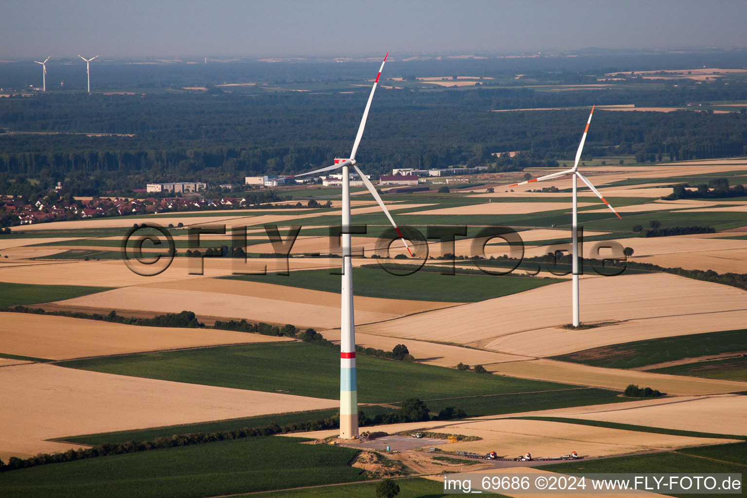 Oblique view of Wind farm construction in Offenbach an der Queich in the state Rhineland-Palatinate, Germany