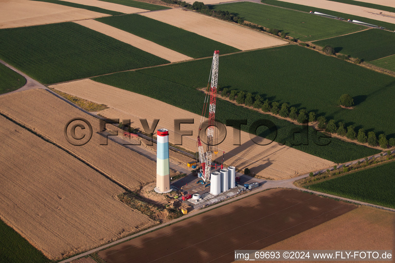 Bird's eye view of Wind farm construction in Offenbach an der Queich in the state Rhineland-Palatinate, Germany
