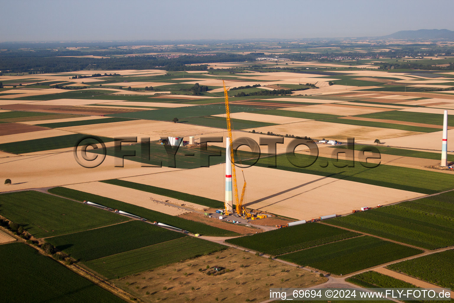 Wind farm construction in Offenbach an der Queich in the state Rhineland-Palatinate, Germany viewn from the air