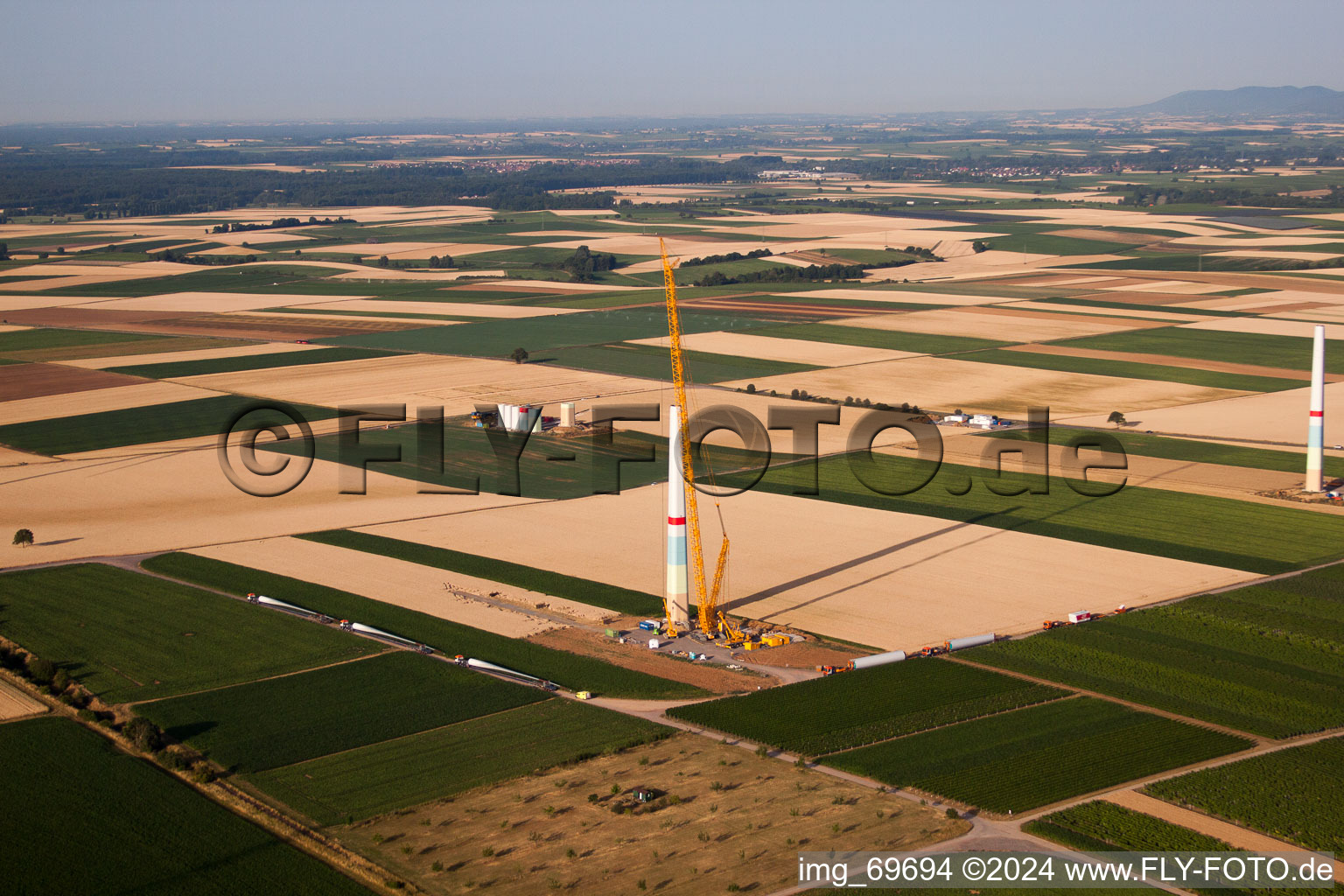 Wind farm construction in the district Offenbach in Offenbach an der Queich in the state Rhineland-Palatinate, Germany viewn from the air