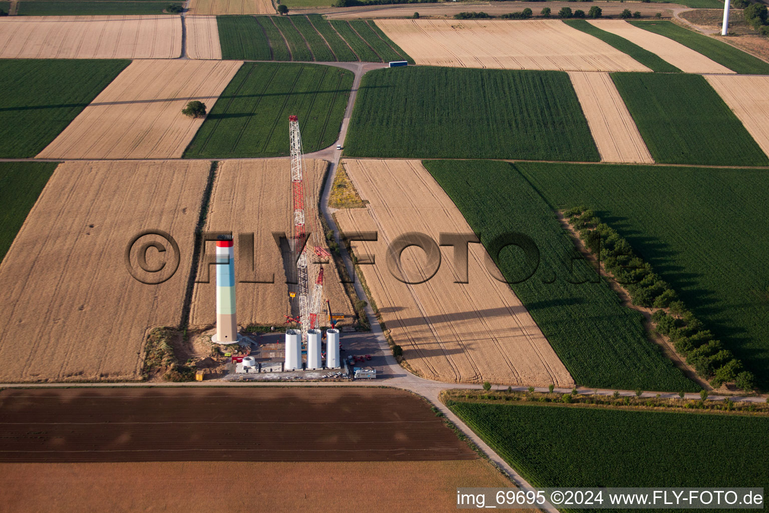 Drone recording of Wind farm construction in Offenbach an der Queich in the state Rhineland-Palatinate, Germany