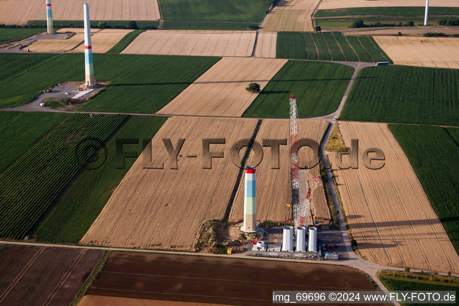Drone image of Wind farm construction in Offenbach an der Queich in the state Rhineland-Palatinate, Germany