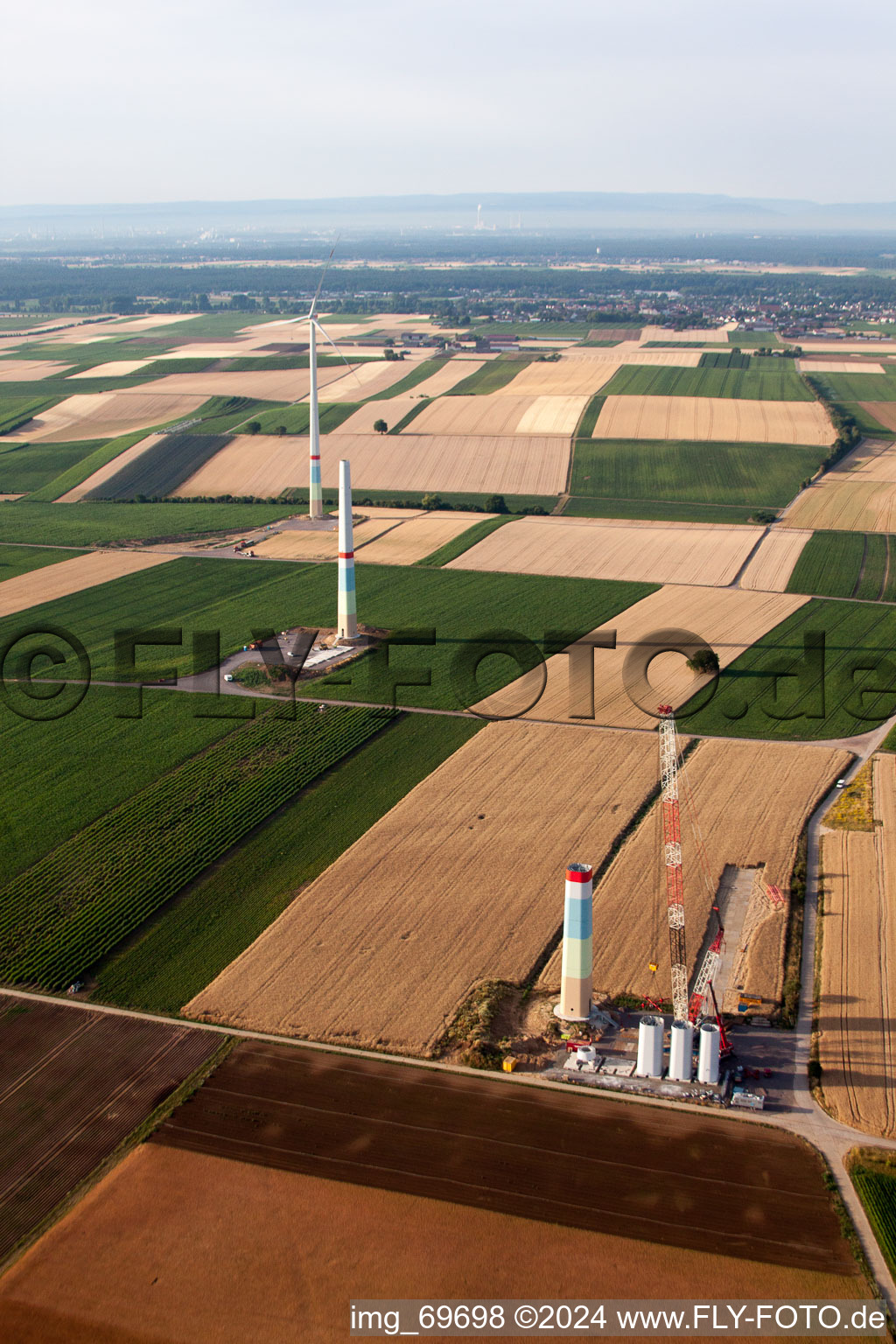 Wind farm construction in Offenbach an der Queich in the state Rhineland-Palatinate, Germany from the drone perspective