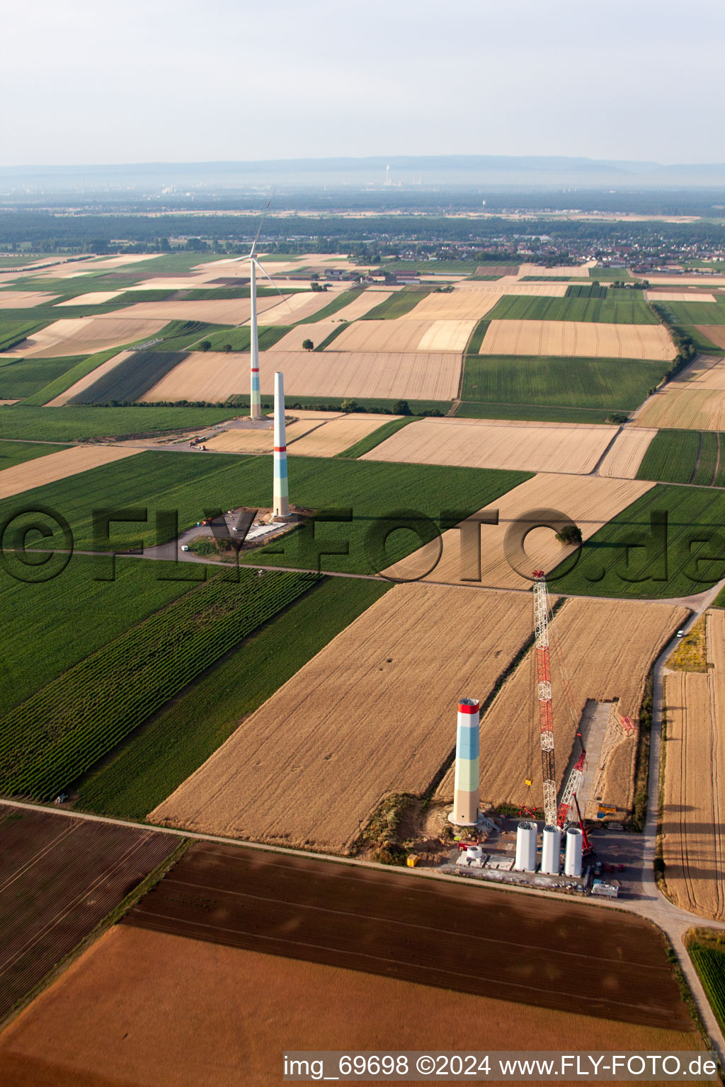 Wind farm construction in the district Offenbach in Offenbach an der Queich in the state Rhineland-Palatinate, Germany from the drone perspective