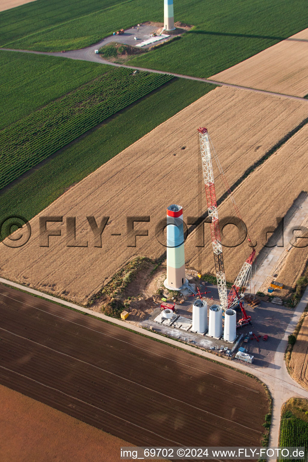 Wind farm construction in Offenbach an der Queich in the state Rhineland-Palatinate, Germany seen from a drone