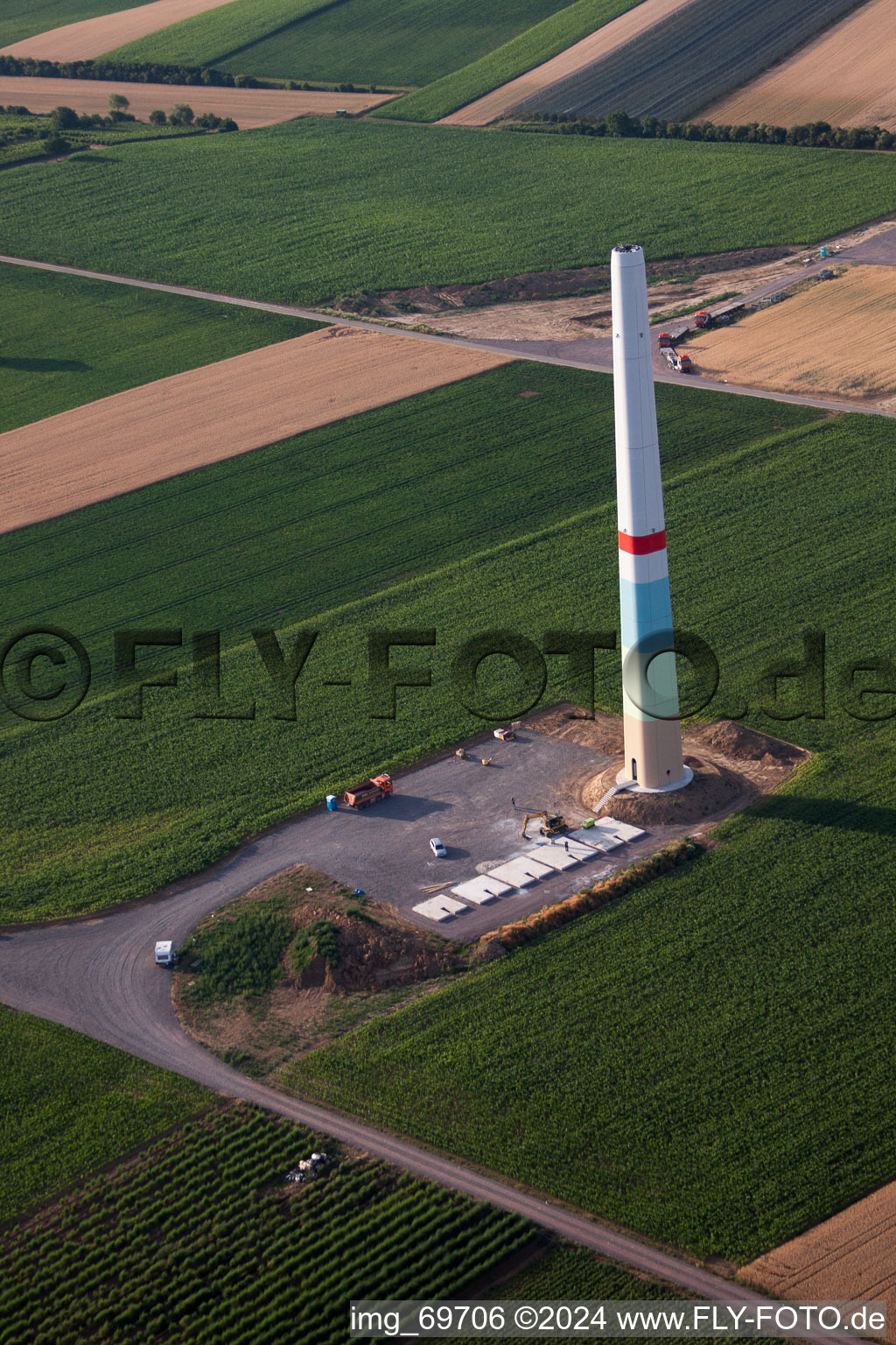 Aerial view of Wind farm construction in Offenbach an der Queich in the state Rhineland-Palatinate, Germany