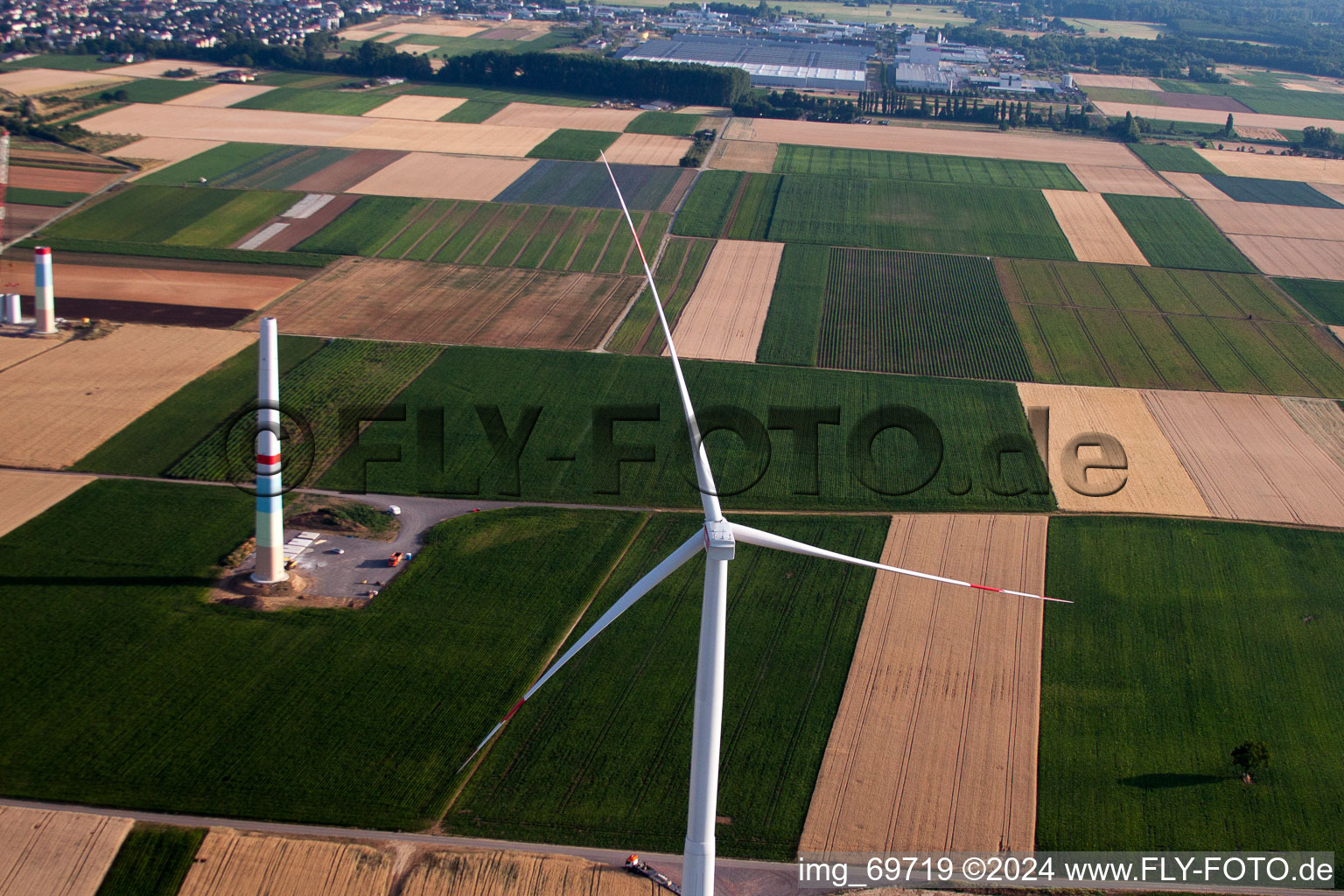 Wind farm construction in Offenbach an der Queich in the state Rhineland-Palatinate, Germany from the plane