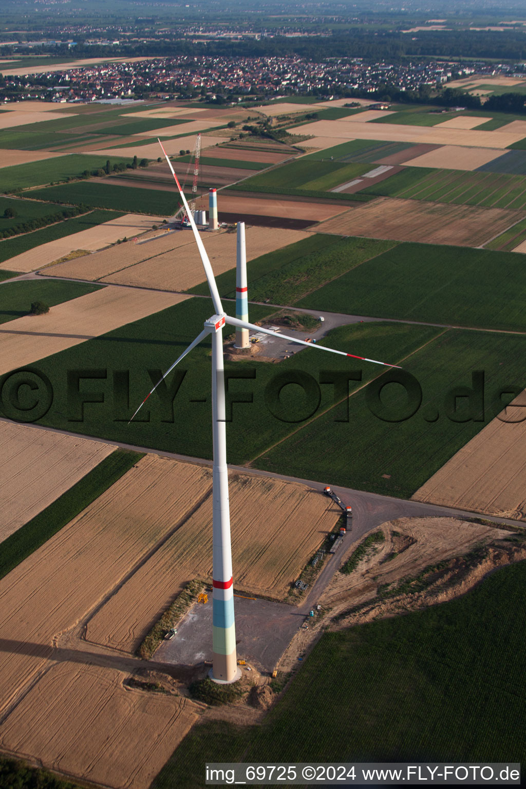 Bird's eye view of Wind farm construction in Offenbach an der Queich in the state Rhineland-Palatinate, Germany