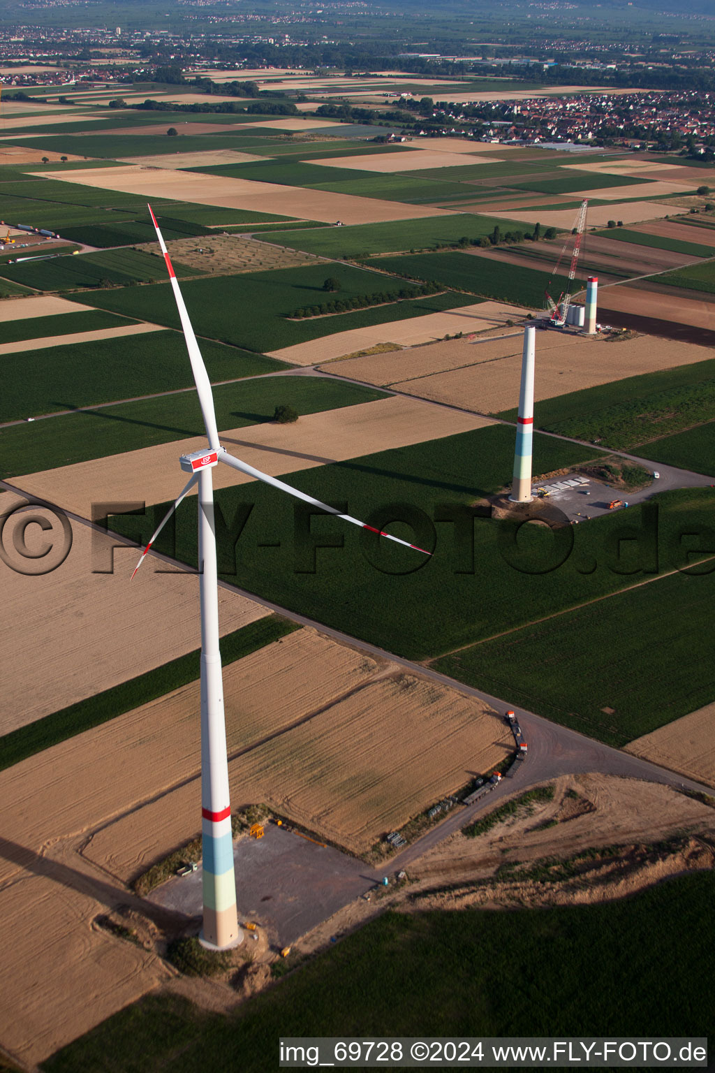 Wind farm construction in the district Offenbach in Offenbach an der Queich in the state Rhineland-Palatinate, Germany viewn from the air