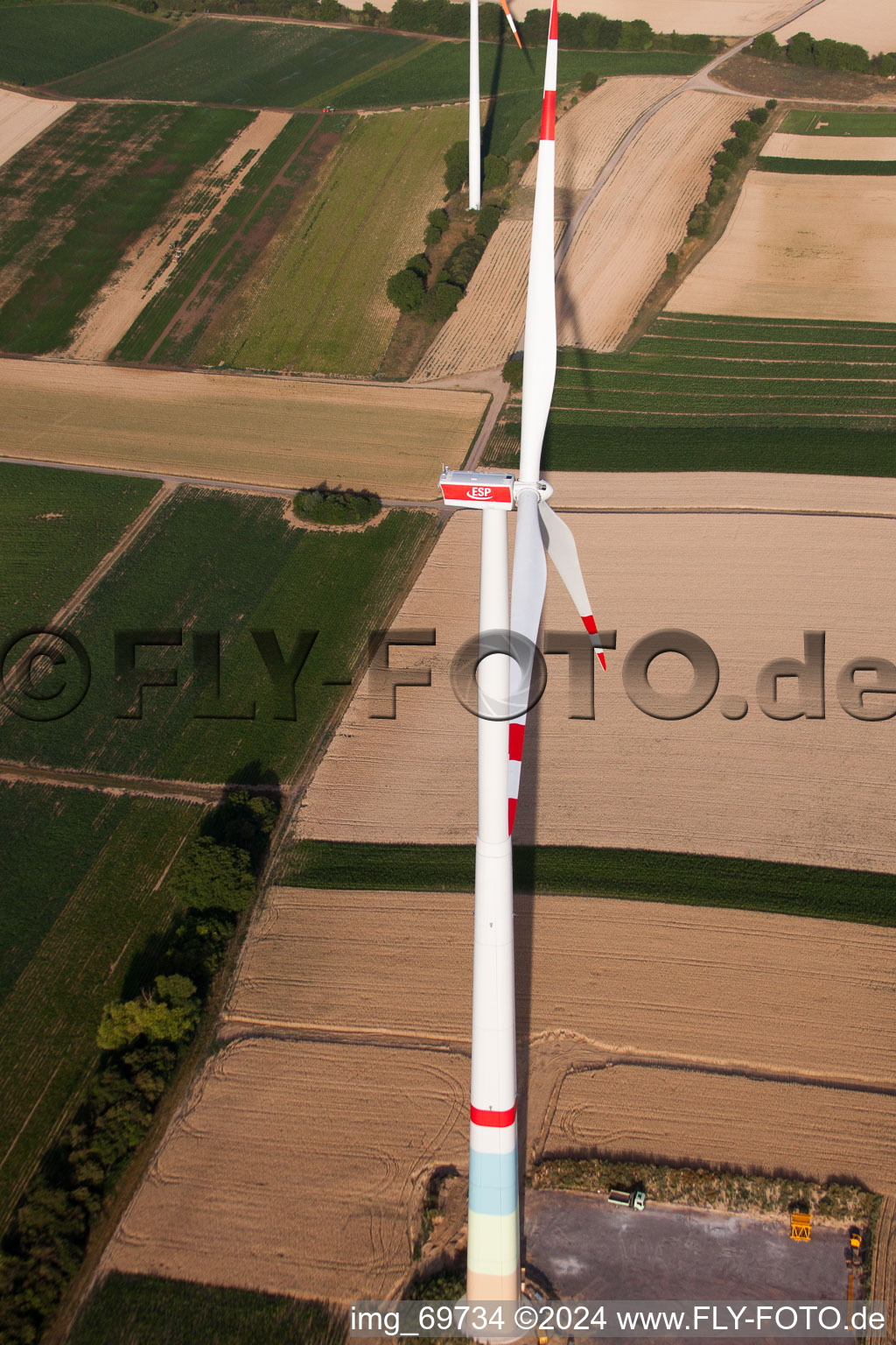 Wind farm construction in Offenbach an der Queich in the state Rhineland-Palatinate, Germany from the drone perspective