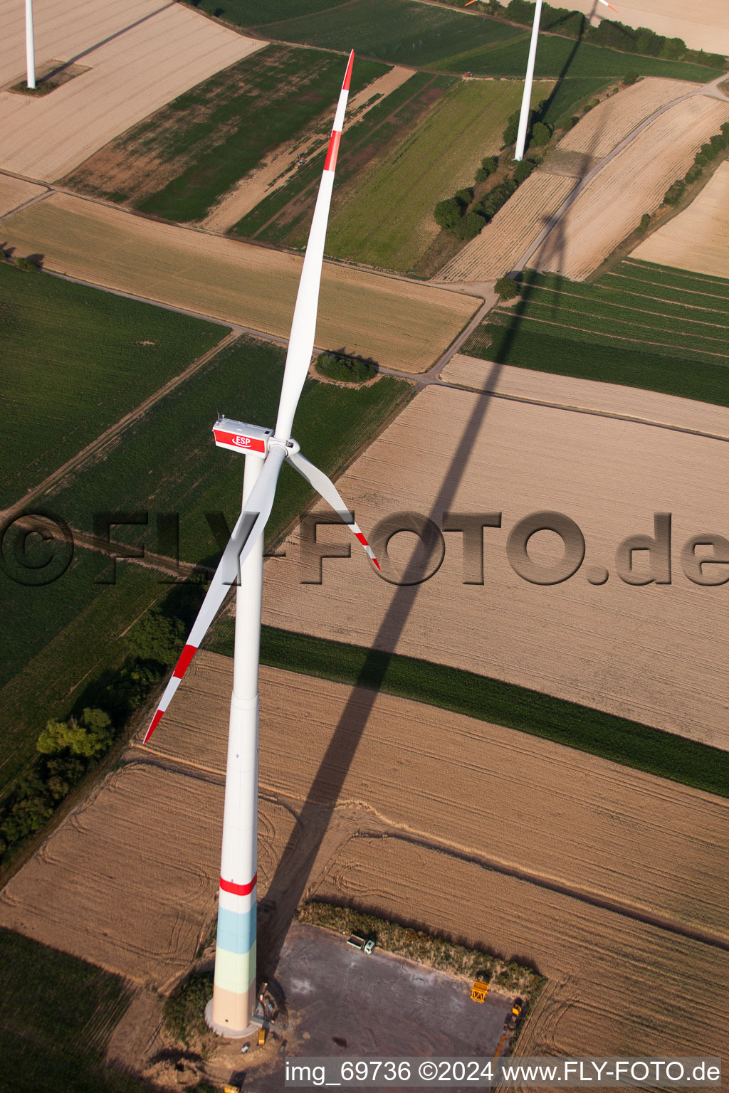 Wind farm construction in Offenbach an der Queich in the state Rhineland-Palatinate, Germany seen from a drone