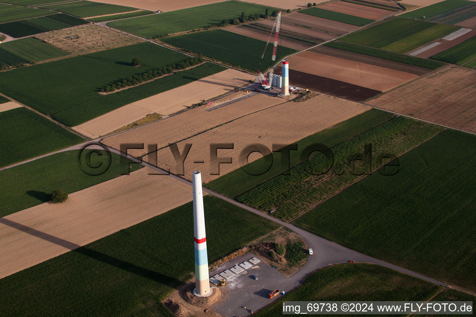 Aerial photograpy of Wind farm construction in Offenbach an der Queich in the state Rhineland-Palatinate, Germany