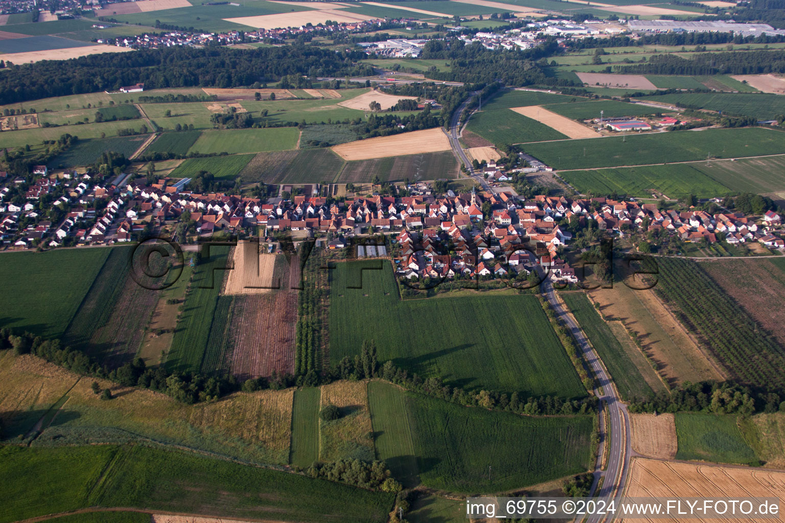 From the north in Erlenbach bei Kandel in the state Rhineland-Palatinate, Germany seen from above