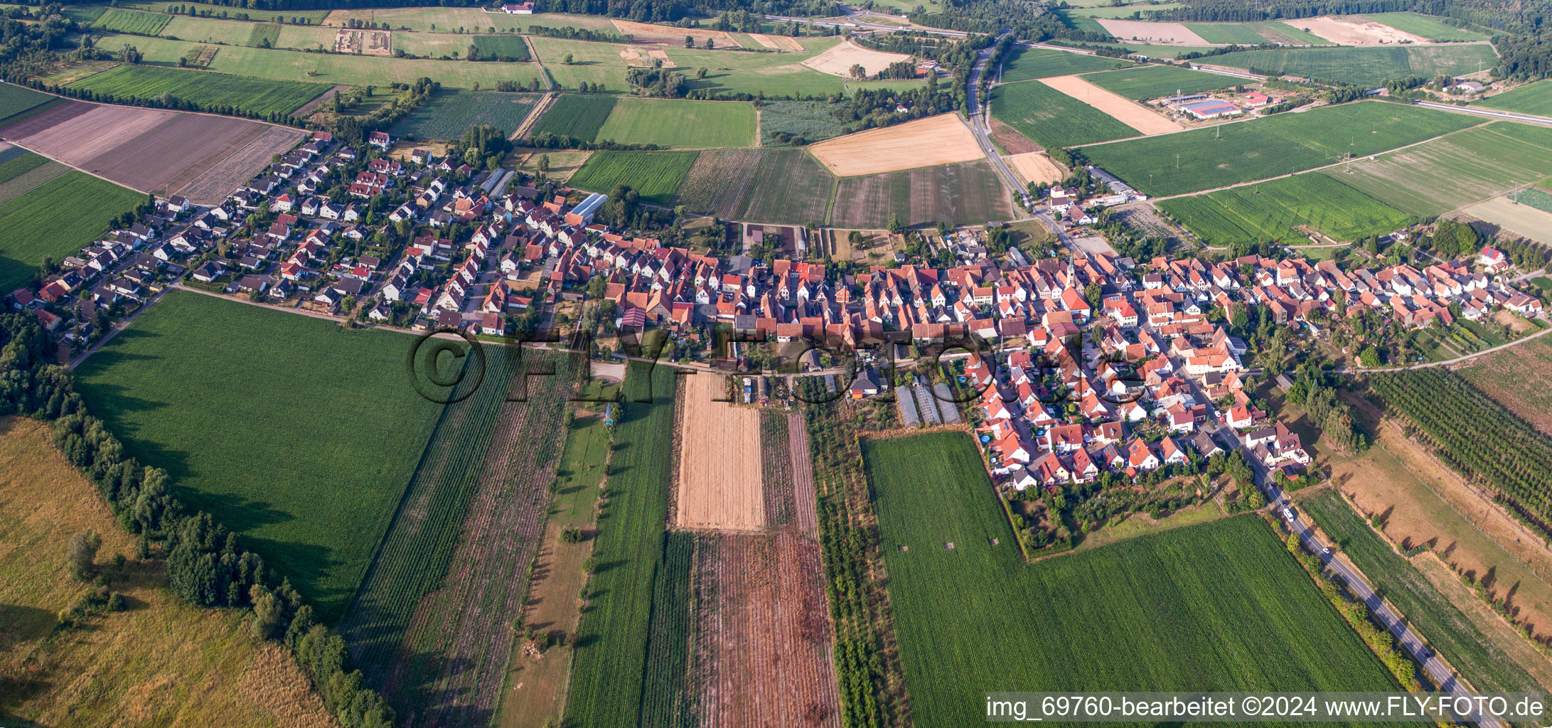 From the north in Erlenbach bei Kandel in the state Rhineland-Palatinate, Germany viewn from the air