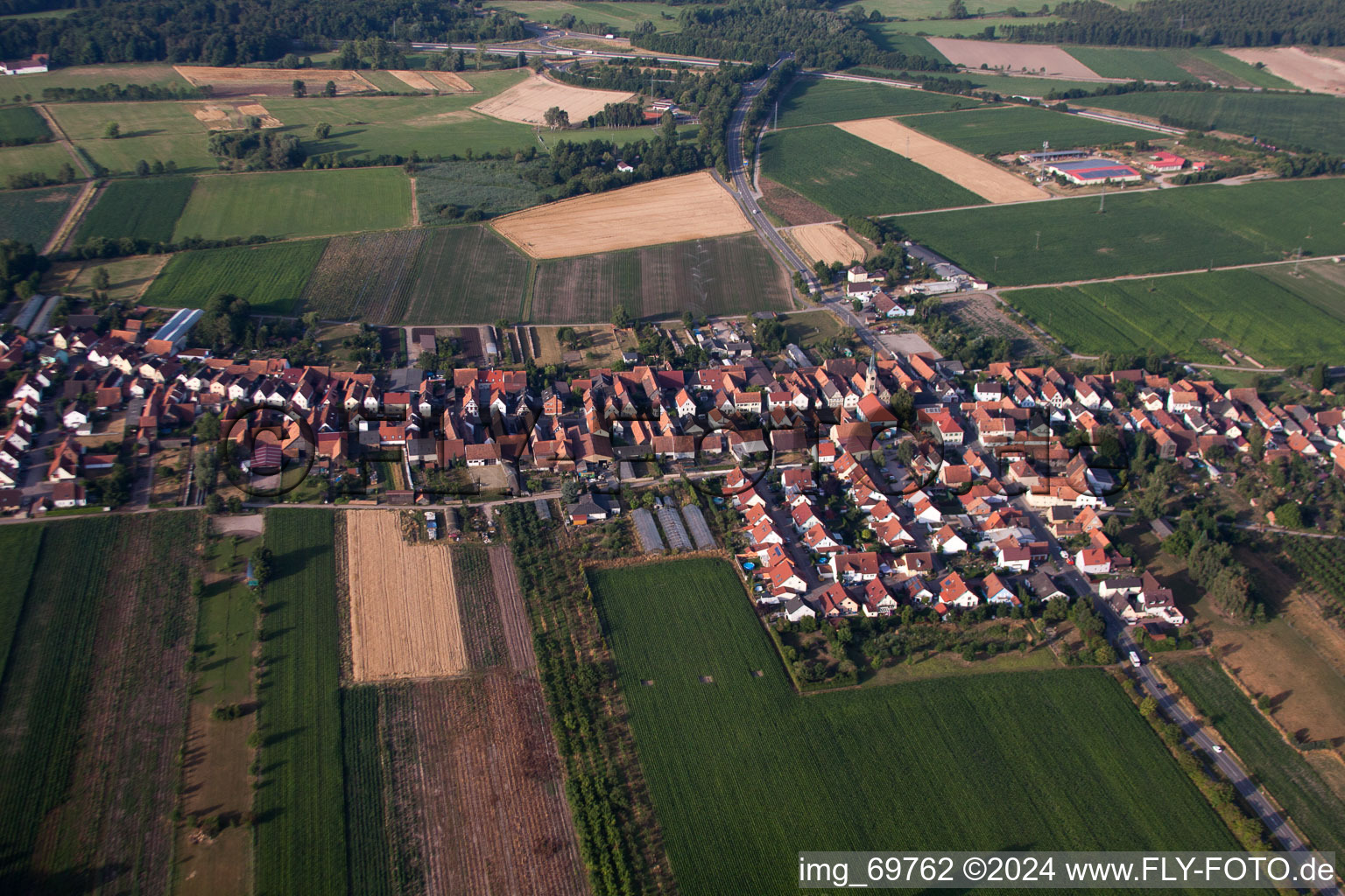 From the north in Erlenbach bei Kandel in the state Rhineland-Palatinate, Germany from the drone perspective