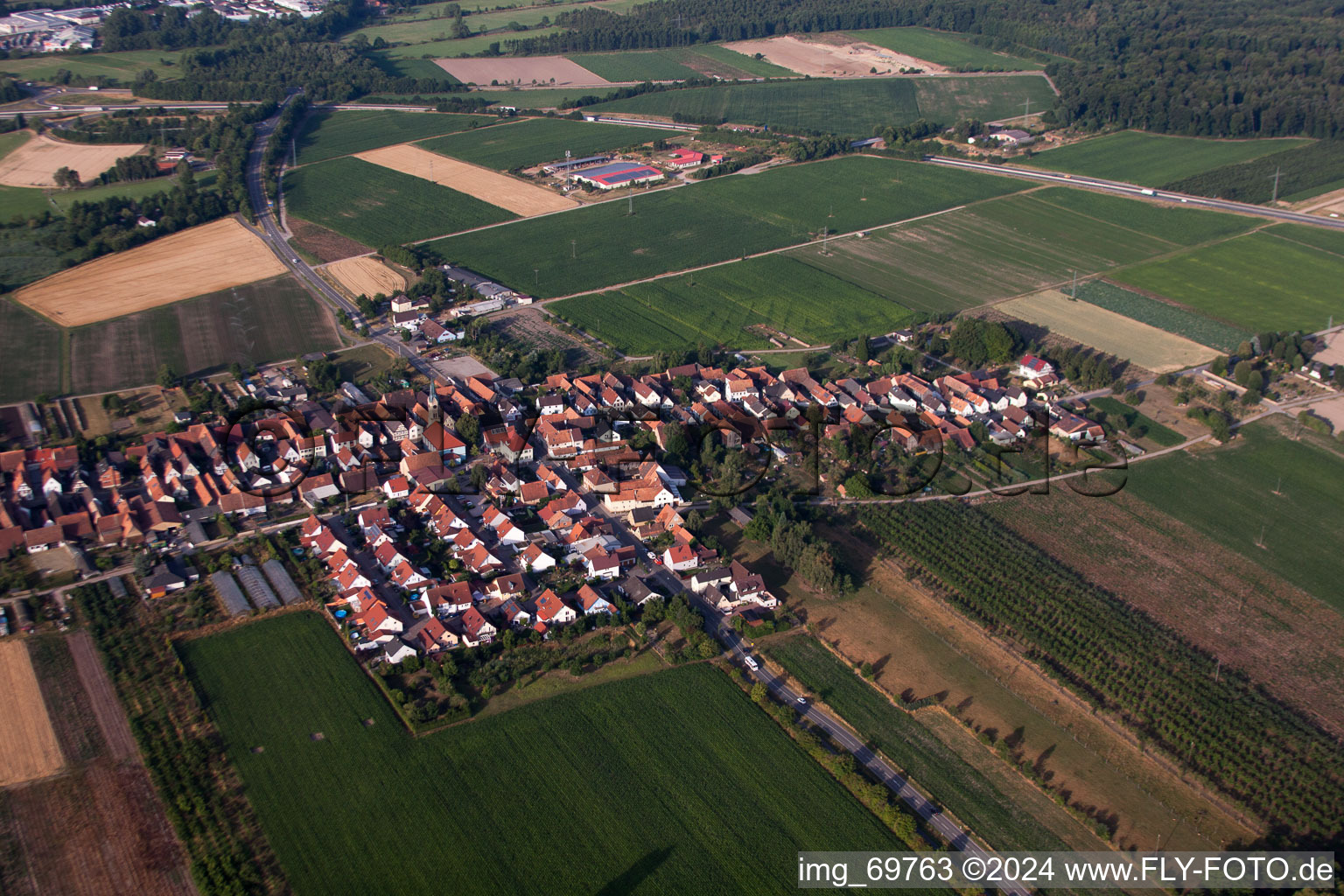 From the north in Erlenbach bei Kandel in the state Rhineland-Palatinate, Germany from a drone