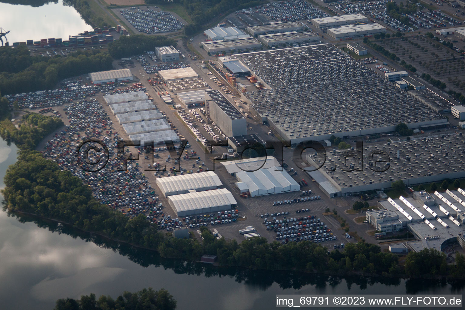 Aerial view of Daimler truck assembly plant in Wörth am Rhein in the state Rhineland-Palatinate, Germany
