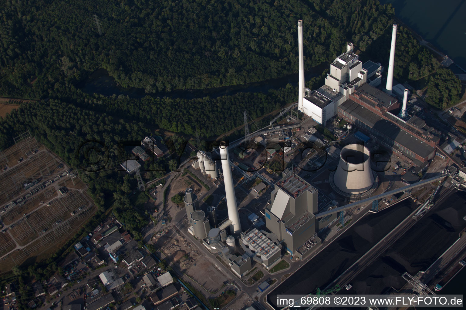 Aerial view of Coal-fired power plant on Rheinhafen in the district Rheinhafen in Karlsruhe in the state Baden-Wuerttemberg, Germany
