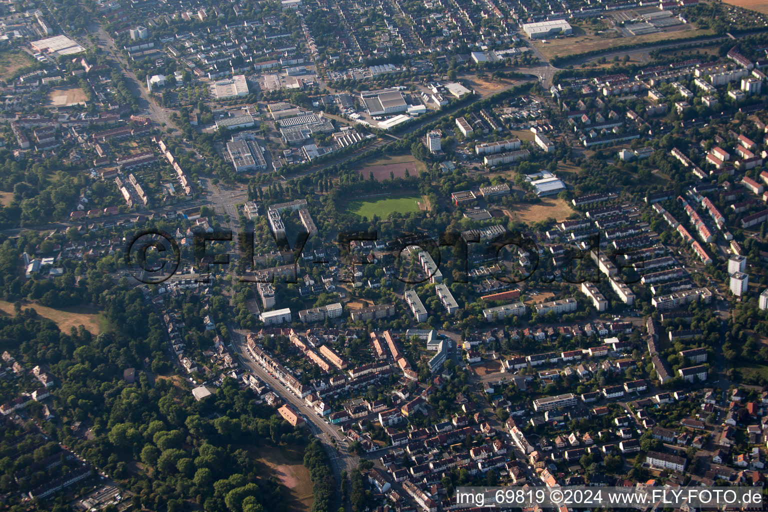 Drone recording of District Daxlanden in Karlsruhe in the state Baden-Wuerttemberg, Germany