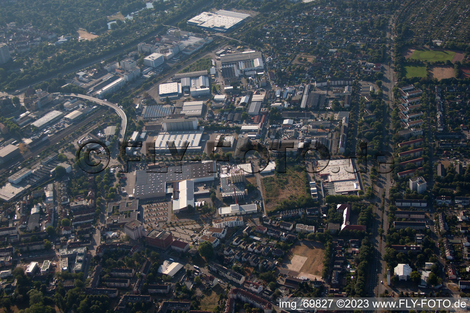 Aerial view of Pulverhausstr in the district Grünwinkel in Karlsruhe in the state Baden-Wuerttemberg, Germany