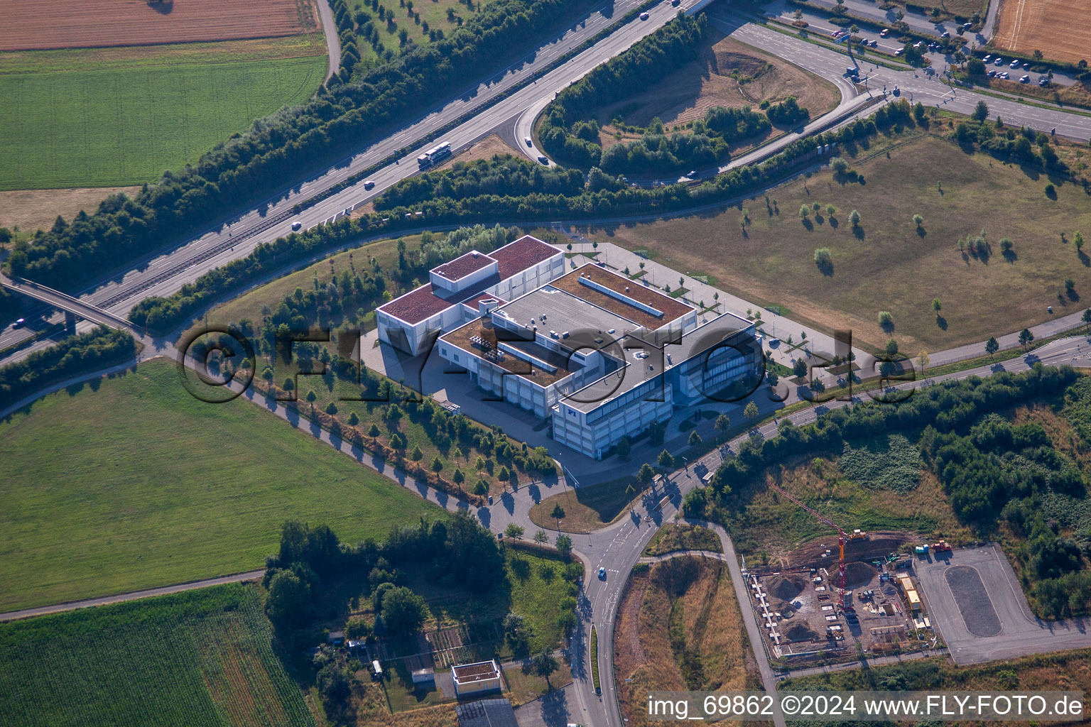 Aerial photograpy of Office building of Physik Instrumente (PI) GmbH & Co. KG at the A8 in the district Palmbach in Karlsruhe in the state Baden-Wurttemberg, Germany