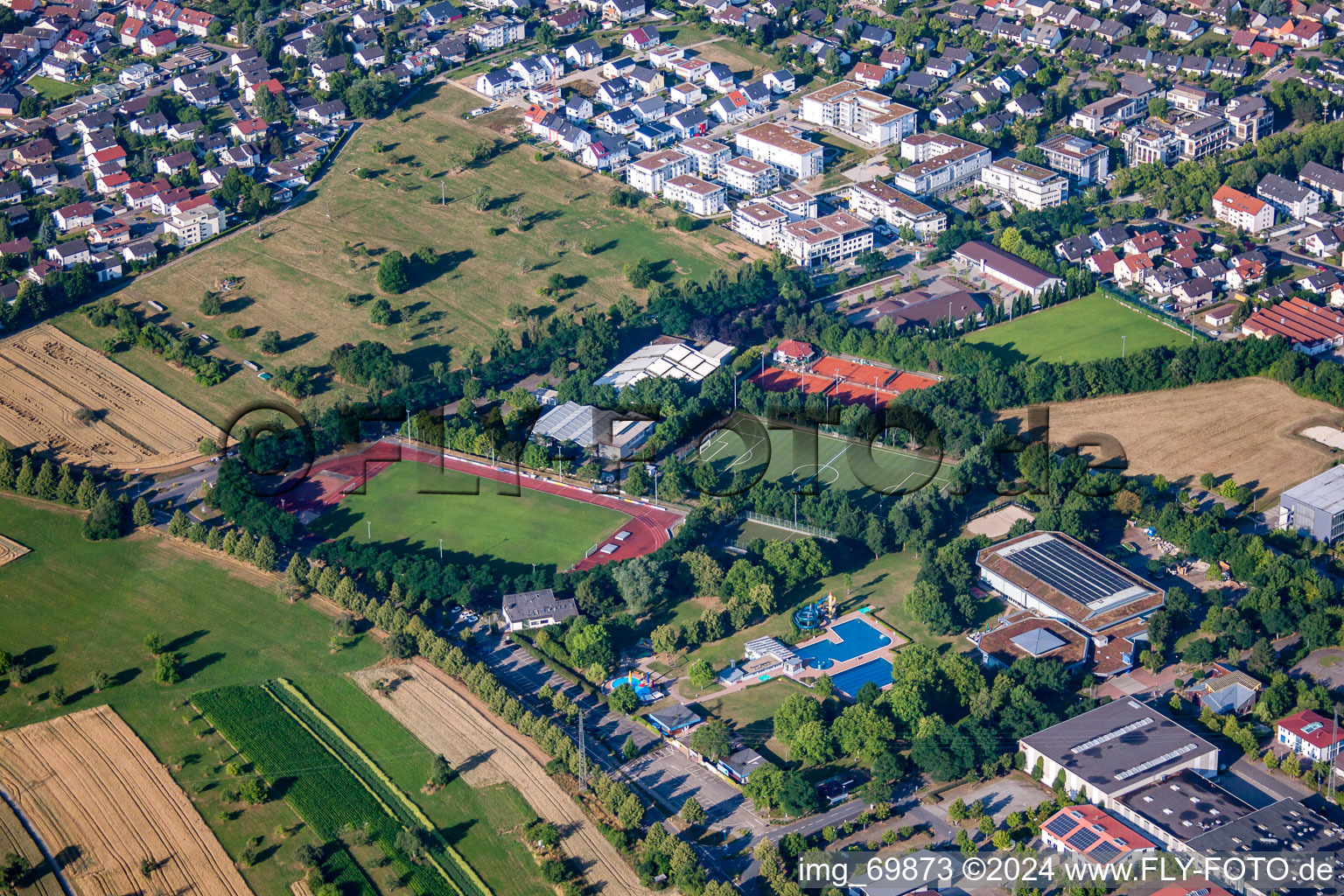 Outdoor pool and TSV from the northeast in the district Busenbach in Waldbronn in the state Baden-Wuerttemberg, Germany