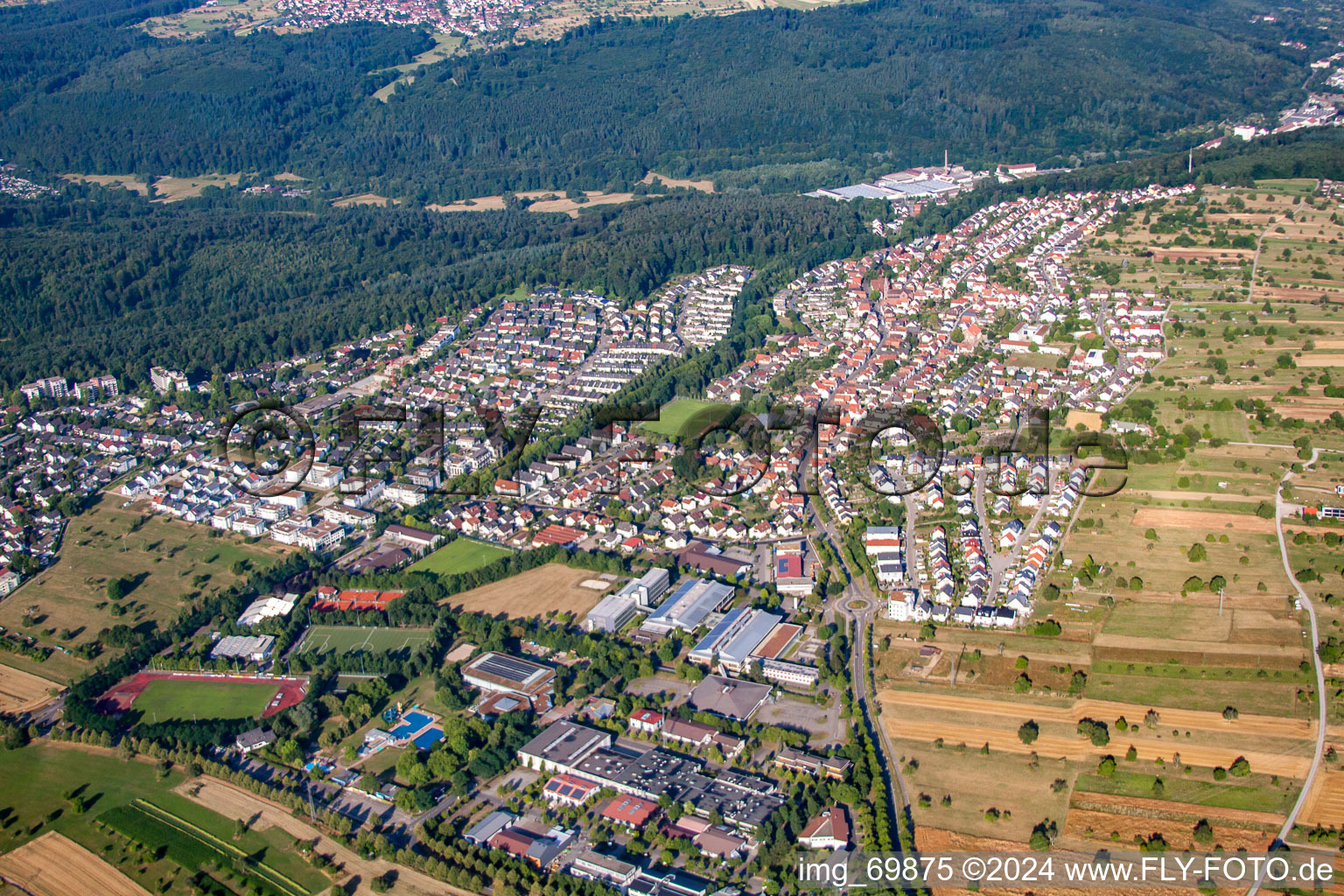 From northeast in the district Busenbach in Waldbronn in the state Baden-Wuerttemberg, Germany