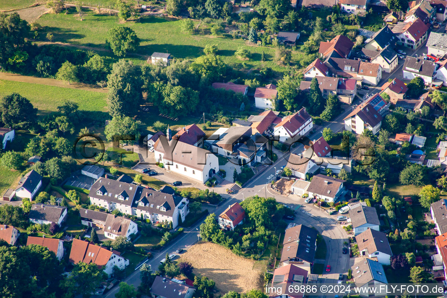 Aerial view of St. Barbara in the district Langensteinbach in Karlsbad in the state Baden-Wuerttemberg, Germany