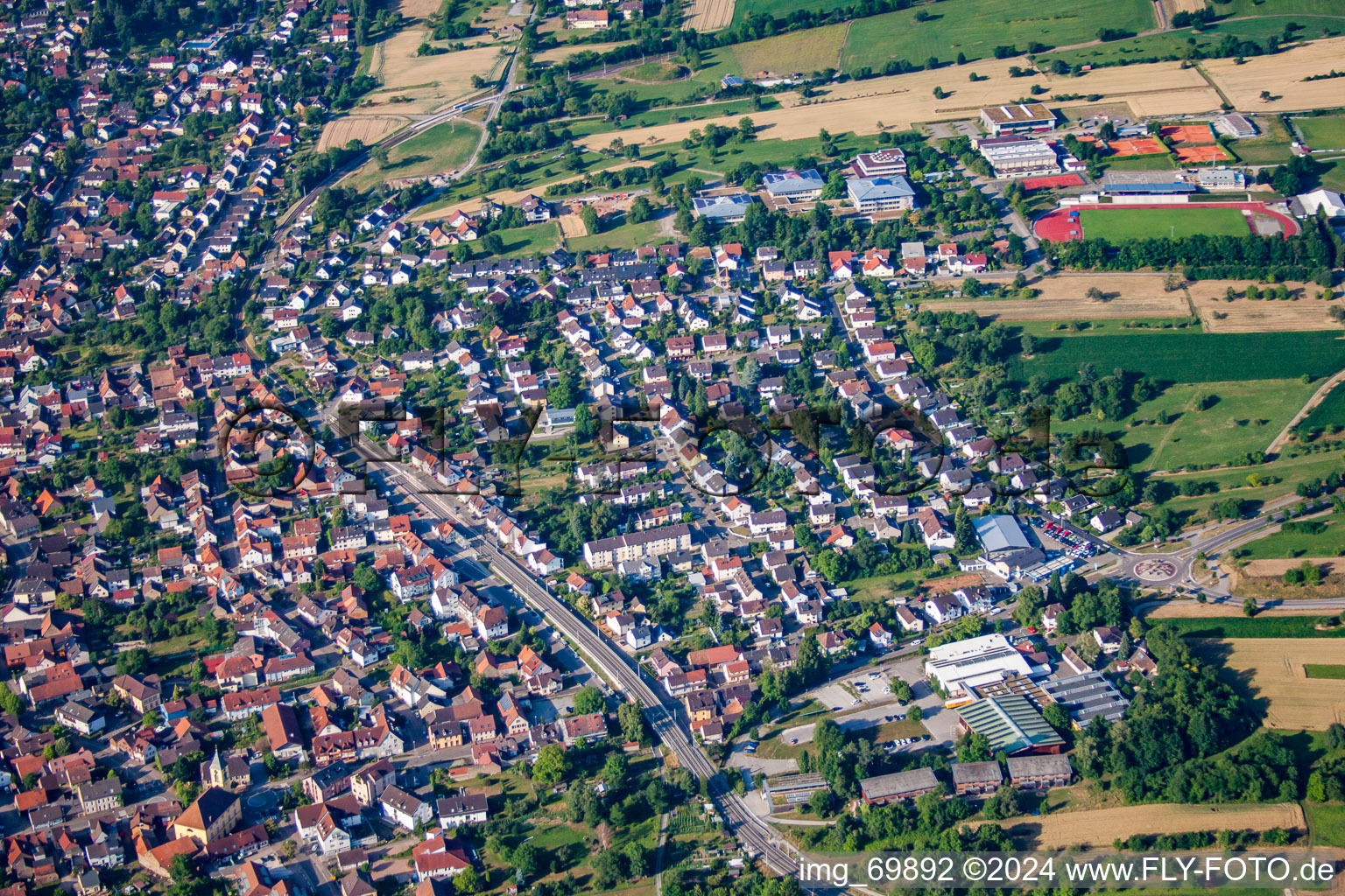 District Langensteinbach in Karlsbad in the state Baden-Wuerttemberg, Germany seen from a drone