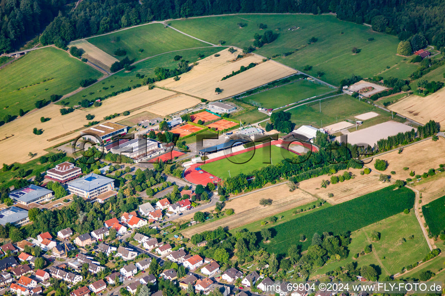 Aerial view of Sonotronic Stadium in the district Langensteinbach in Karlsbad in the state Baden-Wuerttemberg, Germany