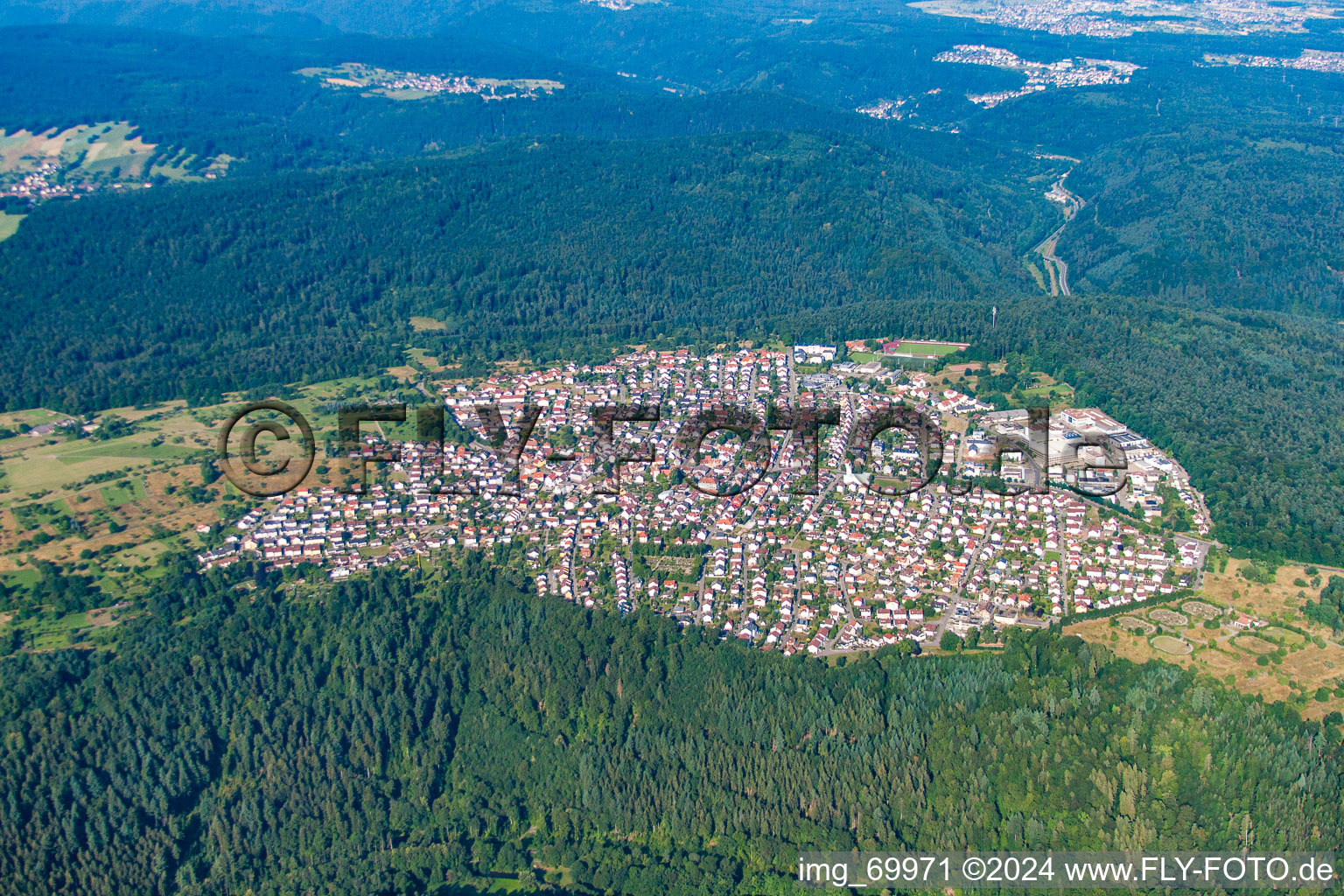 Town View of the streets and houses of the residential areas in the district Buechenbronn in Pforzheim in the state Baden-Wurttemberg