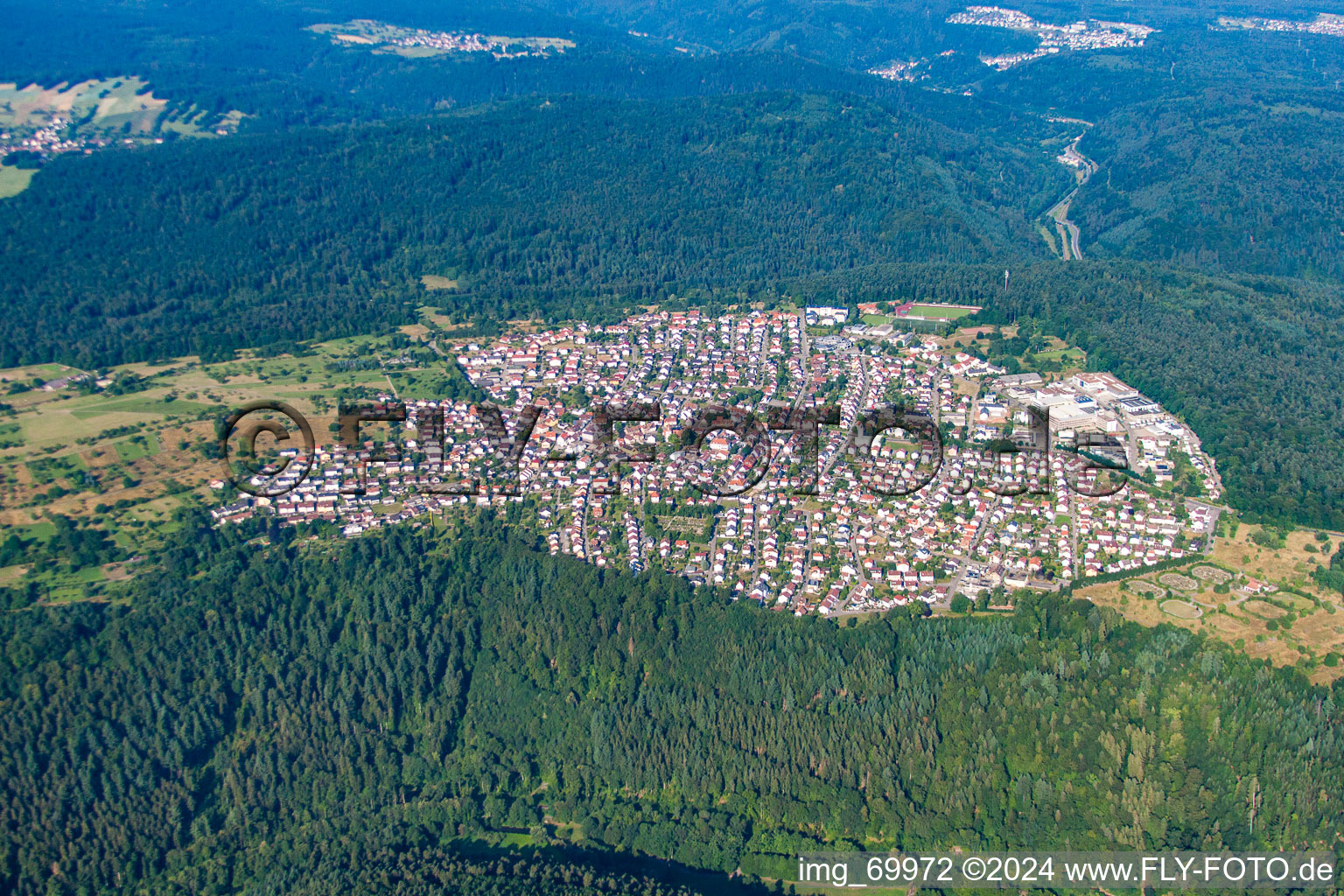 Aerial view of Town View of the streets and houses of the residential areas in the district Buechenbronn in Pforzheim in the state Baden-Wurttemberg