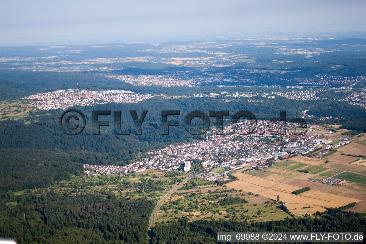 Village - view on the edge of agricultural fields and farmland in the nothern black forest in the district Huchenfeld in Pforzheim in the state Baden-Wurttemberg, Germany