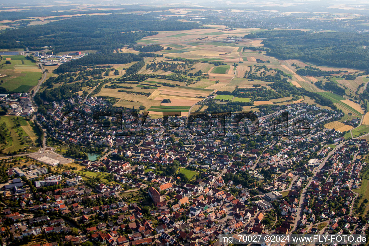 Aerial view of Town View of the streets and houses of the residential areas in Heimsheim in the state Baden-Wurttemberg, Germany