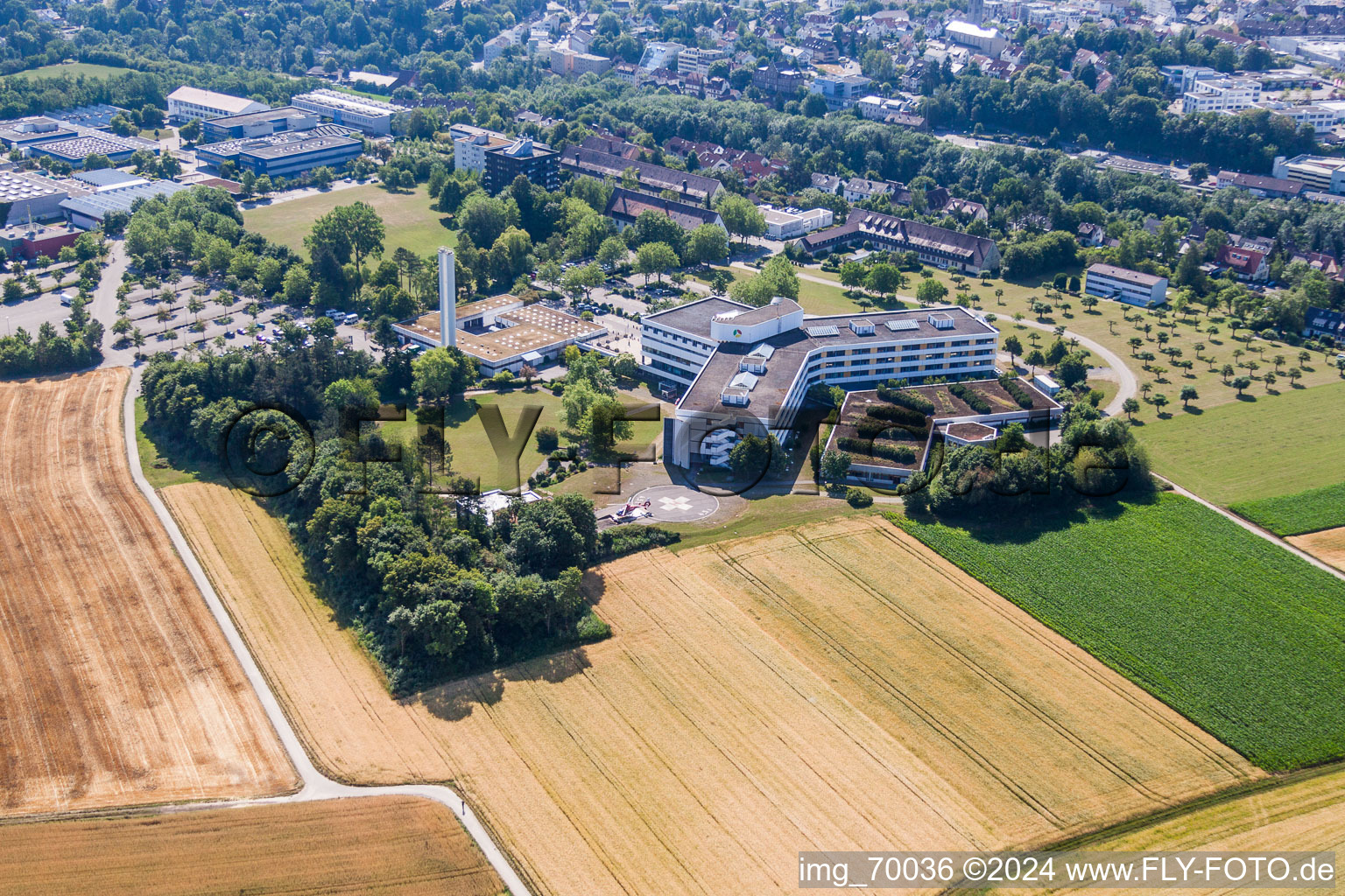 Aerial view of Hospital grounds of the Clinic Kreiskrankenhaus in Leonberg in the state Baden-Wurttemberg, Germany