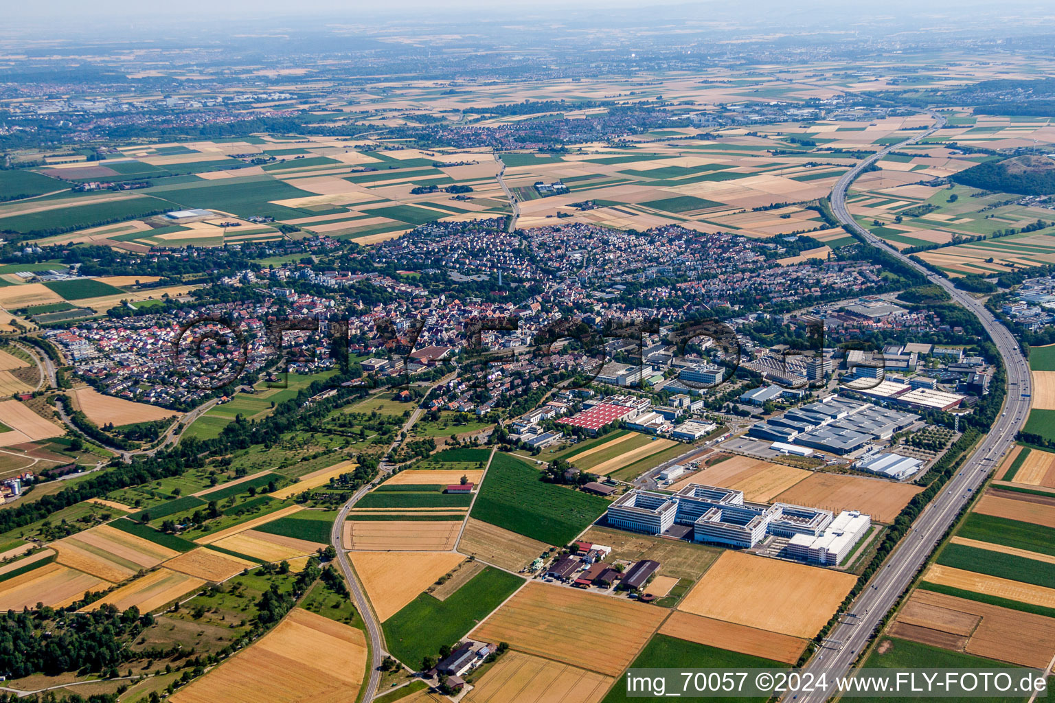 Aerial view of Town View of the streets and houses of the residential areas in Ditzingen in the state Baden-Wurttemberg, Germany